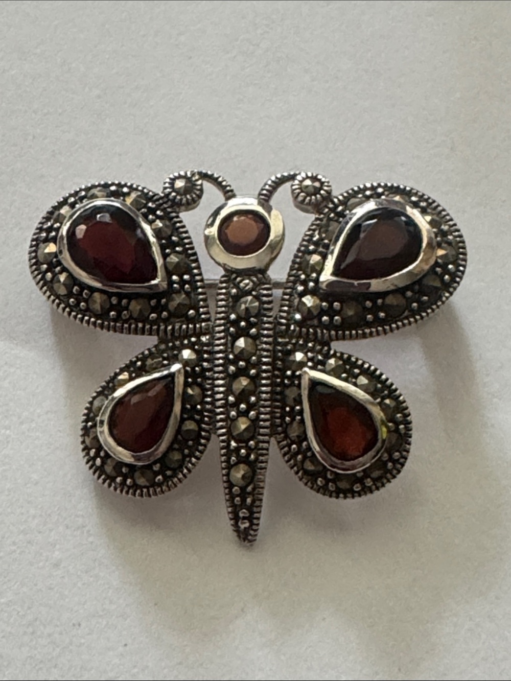 Sterling Silver Garnet & Marcasite Butterfly Brooch